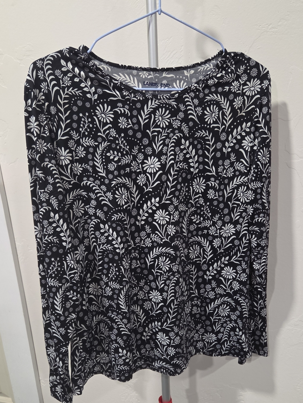 Lands' End Black Long-Sleeve Top with White Floral Print